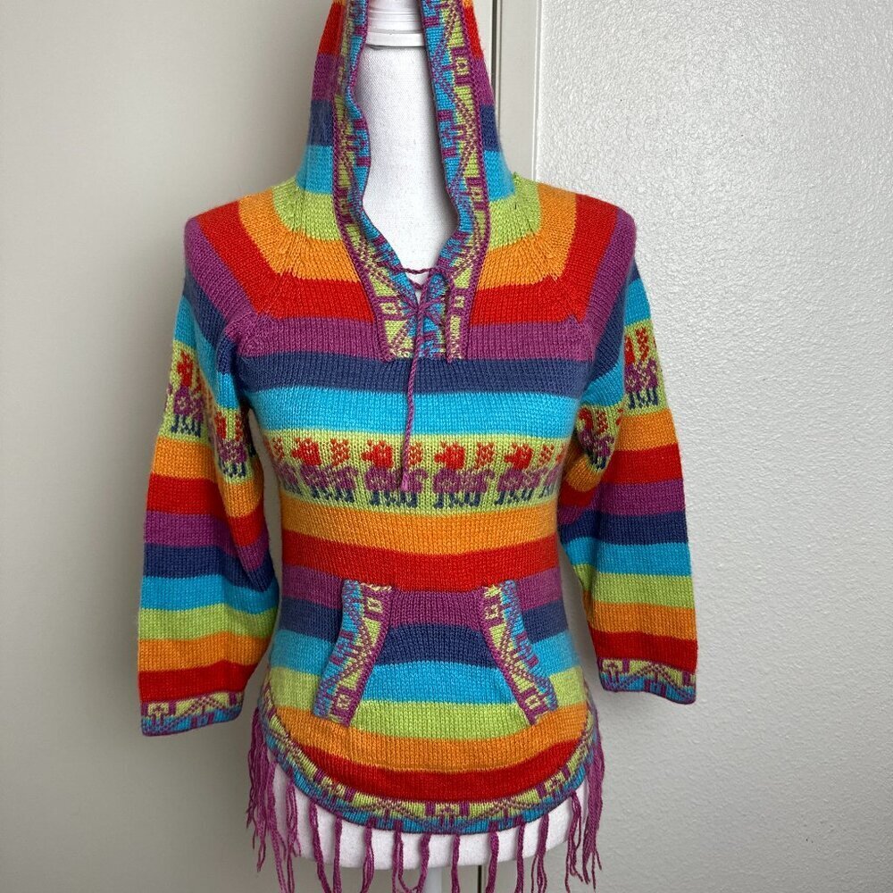 NWOT  Alpaca Hooded Sweater  Fringe Rainbow Size XXS - XS